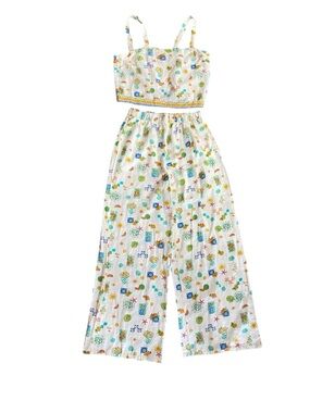 Two Piece Set CropTop Shoulder Straps Pull on Wide leg Vacation Print Fun